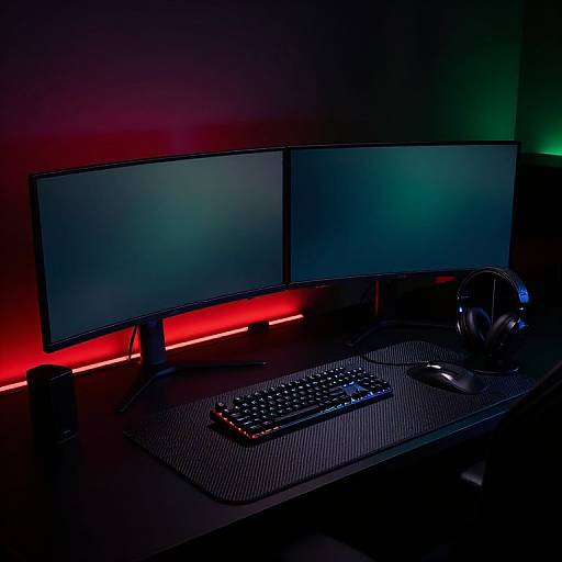Photograph of a dimly lit computer desk with dual monitors, black keyboard, mouse, and headphones, illuminated by red and green lights.