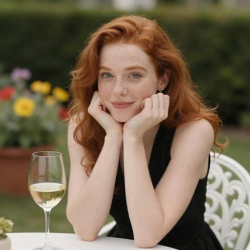 Red-Haired Woman Relaxing Outdoors with Wine