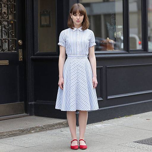 Photograph of a young woman with straight brown hair, wearing a white pinstripe dress and red Mary Jane shoes, standing on a city sidewalk in
