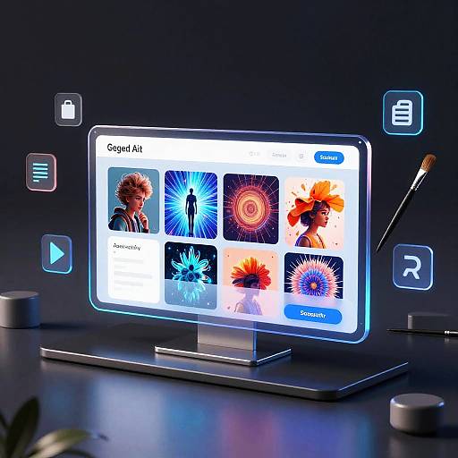 Photorealistic digital image of a futuristic, glowing touchscreen displaying vibrant abstract portraits, with neon icons and a brush on the right.