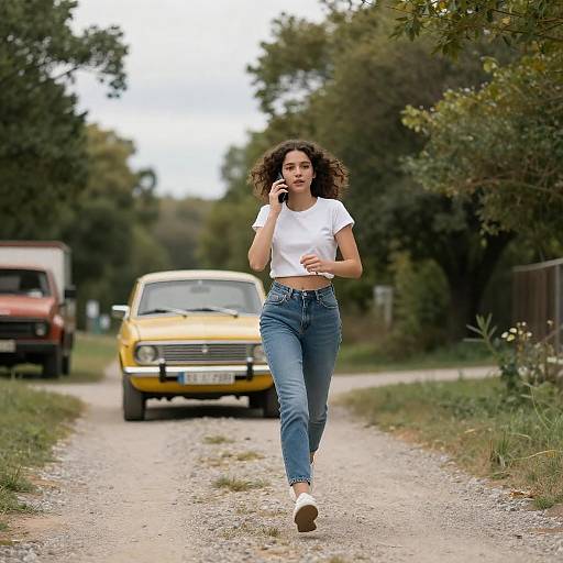 Young Woman Running Toward Yellow Vintage Car