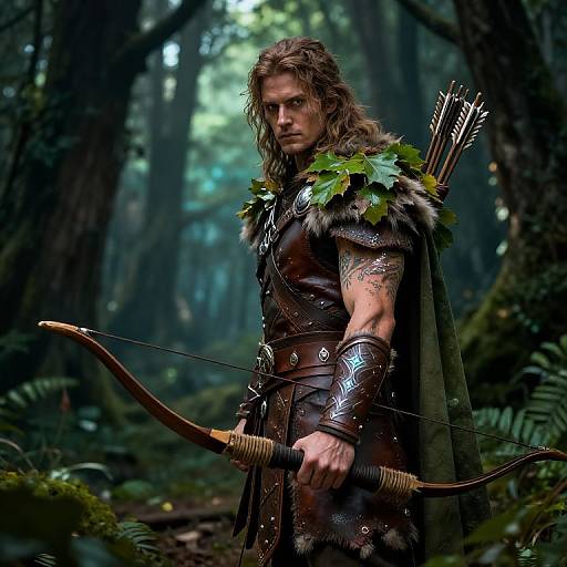 Photograph of a rugged, long-haired man in medieval forest archer attire, holding a wooden bow, with arrow quiver on back.