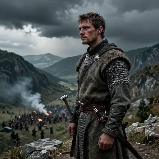 Photograph of a rugged, bearded man in medieval armor, standing on a rocky mountain ledge, with a battle below and stormy sky.