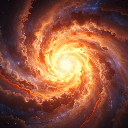 Digital artwork of a vibrant, swirling cosmic vortex with a bright, fiery yellow-orange core surrounded by dynamic, glowing red and orange clouds and dark, star