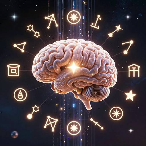 CGI image of a glowing, 3D-rendered human brain with astrological symbols and light trails against a dark, starry background.
