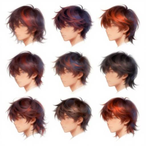 Digital illustration of nine anime-style male character headshots with varying dark brown to red hair, showcasing different expressions and angles. White background.