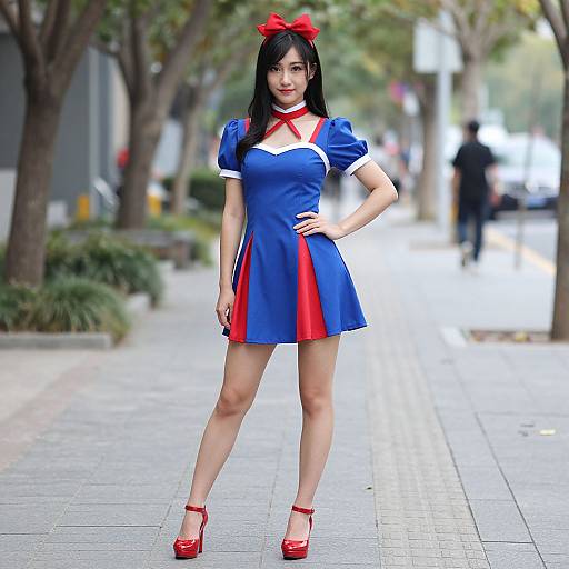 Photograph of an Asian woman in a blue and red cosplay dress, red bow, red shoes, standing confidently on a tree-lined sidewalk.