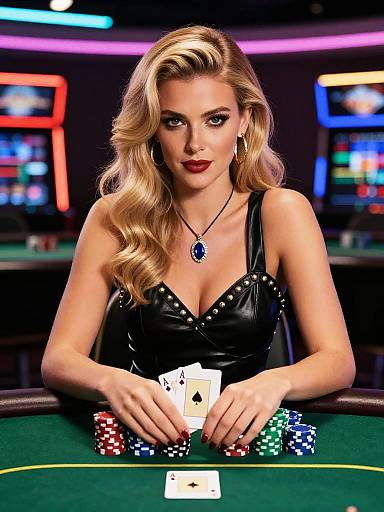 Blonde woman with wavy hair, wearing black leather dress and blue necklace, holds poker hand over colorful chips in casino.