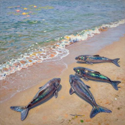 Photograph of six shiny, metallic blue fish lying on a sandy beach with gentle ocean waves in the background.
