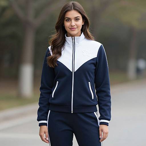 Photograph of a smiling woman with long brown hair, wearing a black and white track suit, standing on a suburban street.