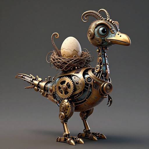 Steampunk robotic bird with brass gears, holding a white egg in a nest, against a dark gradient background, CGI artwork.