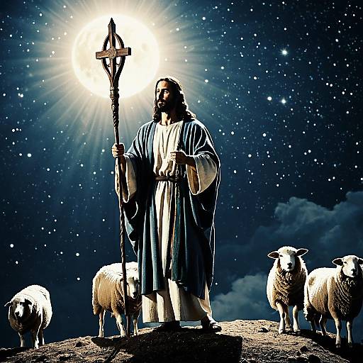 Jesus with Shepherd's Staff Under Full Moon