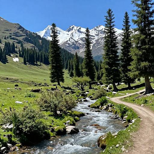 Photograph of a vibrant mountain landscape with snow-capped peaks, tall pine trees, a flowing creek, and a winding dirt path.