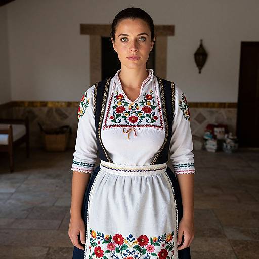 Photograph of a young woman with light skin, dark hair in a bun, wearing a white, floral-embroidered traditional dress, standing indoors