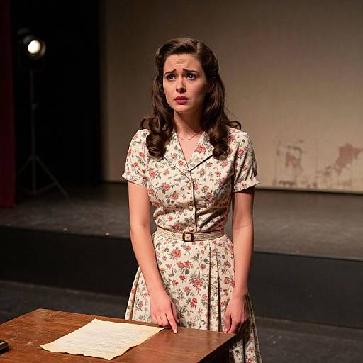 Photograph of a young woman with wavy brown hair, wearing a floral dress, standing at a wooden table on a dimly lit stage. She