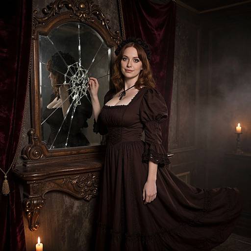 Photograph of a dark-haired woman in a black Victorian dress, standing before a broken, cracked mirror in a dimly lit, gothic room with