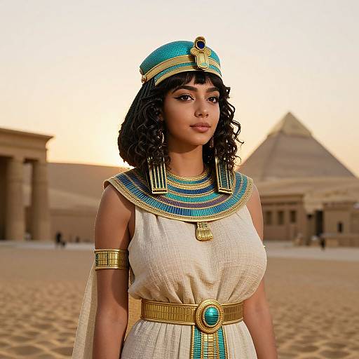 Photograph of a dark-skinned woman with curly black hair, wearing ancient Egyptian attire: turquoise headpiece, white dress, gold and blue collar,