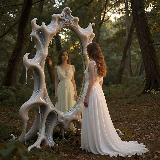 Photograph of a woman with long brown hair in a white, flowing gown, standing in a forest, gazing at her reflection in a surreal,