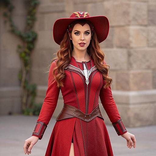Photorealistic image of a fair-skinned woman with long, wavy brown hair, wearing a red Victorian-style dress and wide-brimmed hat