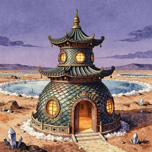 Whimsical, shingled, two-tiered Asian-style house with glowing windows, set in a desert with a small pond and crystal formations under