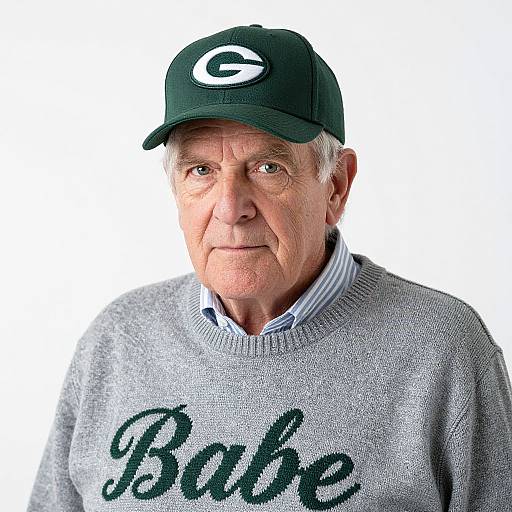 Photograph of an elderly white man with wrinkled skin, wearing a black baseball cap with a white 