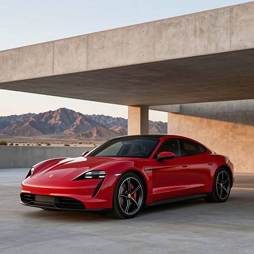 Photograph of a shiny red Porsche Cayman parked under a concrete overpass with mountainous desert landscape in the background.