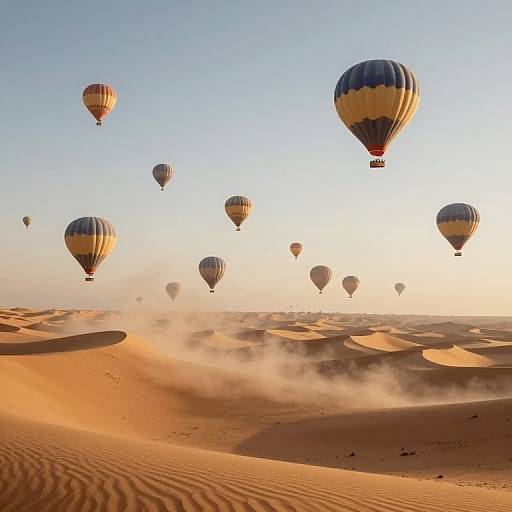 Photograph of multiple colorful hot air balloons flying over a sandy desert with rippled dunes and a clear, blue sky.