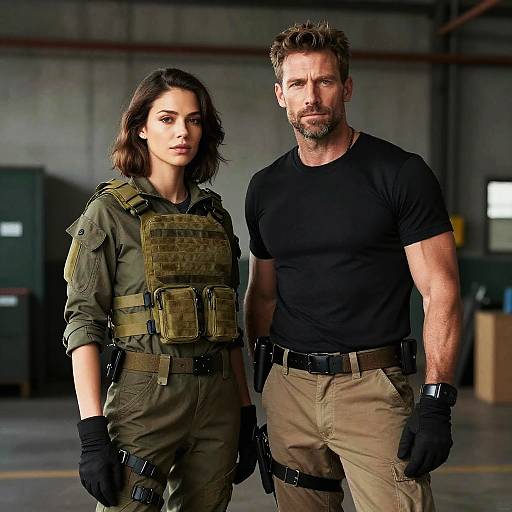 Photograph of a serious-looking woman in military gear standing beside a muscular man in a black t-shirt and khaki pants in a dimly lit industrial