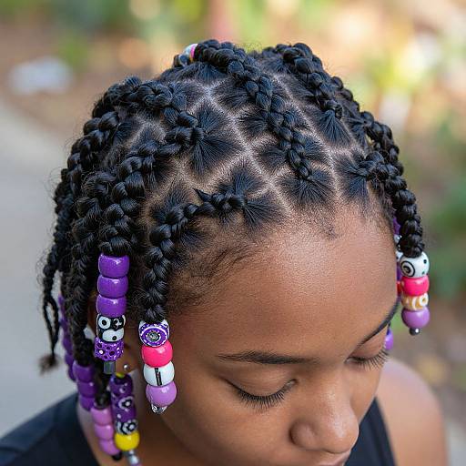 Close-up photograph of a young Black woman with intricate cornrow braids, adorned with colorful beads, looking downward, against a blurred outdoor background.