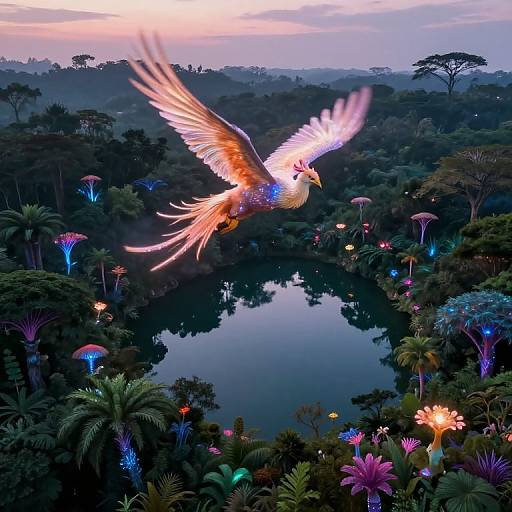 A vibrant, digital fantasy artwork of a radiant, glowing phoenix with outstretched wings soaring over a bioluminescent, jungle-like landscape featuring colorful