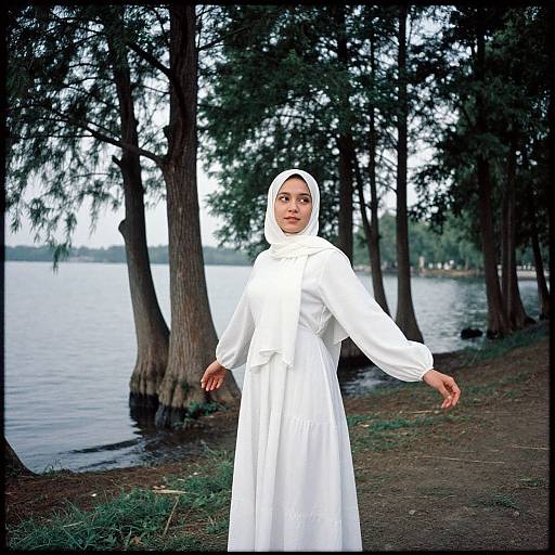 Photorealistic Woman in White Hijab by Lakeside