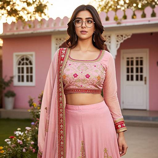 Photograph of a young South Asian woman with dark hair, glasses, wearing a pink traditional outfit with gold embroidery, standing in front of a pink colonial
