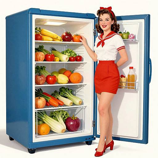 Vintage-style photograph of a smiling, red-haired woman in a white sailor top and red skirt, standing beside a blue refrigerator full of fresh fruits and vegetables
