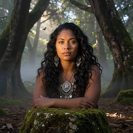 Photograph of a beautiful Black woman with long, curly black hair, wearing intricate silver jewelry, standing in a misty forest, arms crossed, moss