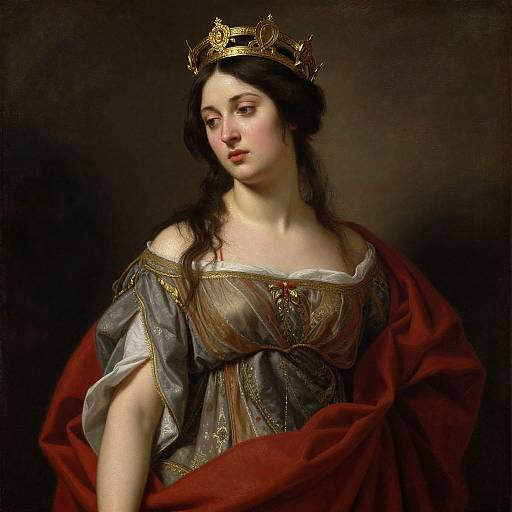 Baroque-style portrait of a fair-skinned woman with long black hair, wearing a gold crown, off-shoulder gray gown with red drap