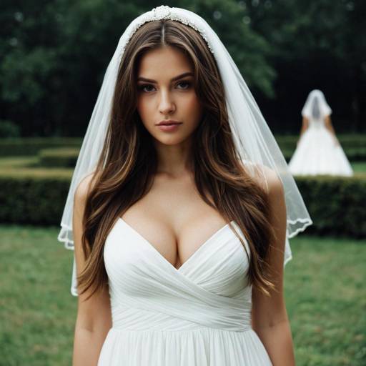 Bride in White Wedding Dress with Veil Outdoors
