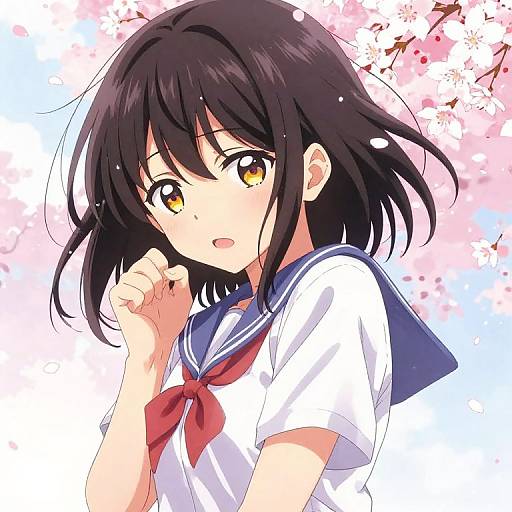 Anime-style digital drawing of a cute, shy teenage girl with black hair, yellow eyes, wearing a white and blue sailor school uniform, against a pink