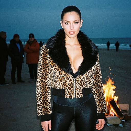 Photograph of a confident woman with dark hair in a ponytail, wearing a leopard-print jacket with black fur trim, black pants, standing by a