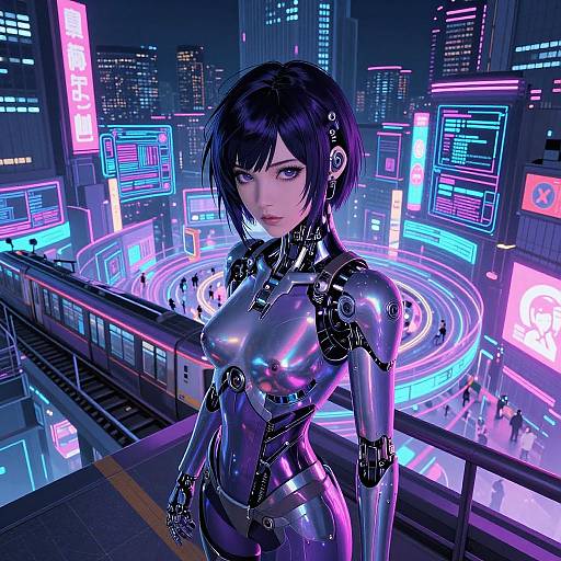 CGI cyberpunk scene: Black-haired woman with glowing purple and blue robotic suit stands on futuristic city bridge, neon lights illuminate background.