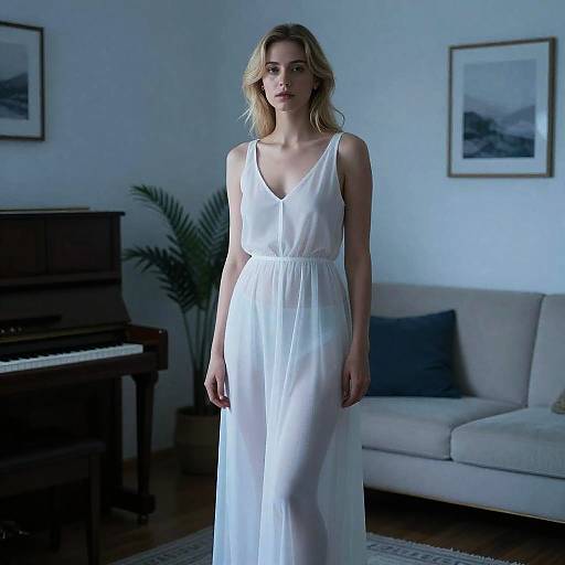 Elegant Blonde Woman in Dimly Lit Room