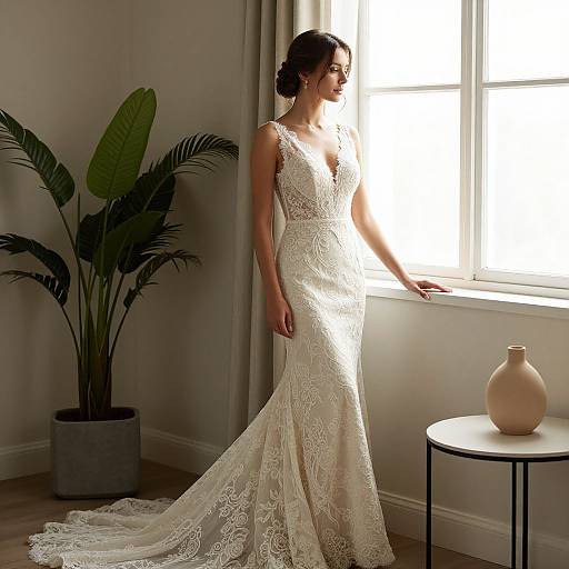 Photograph of a brunette bride in a lace, sleeveless, form-fitting white wedding dress, standing by a sunlit window with a potted
