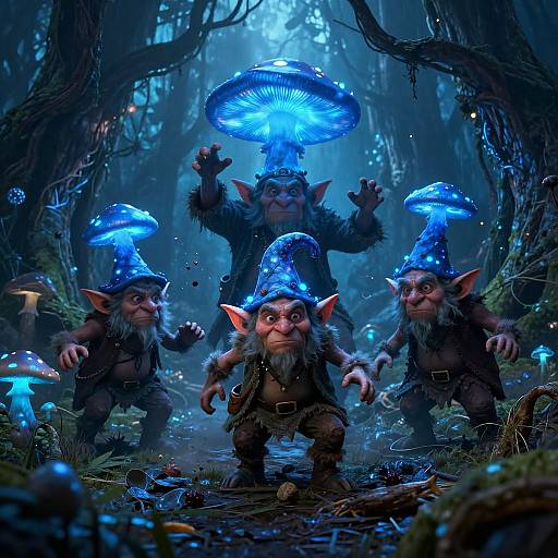 CGI fantasy forest scene: five small, blue-hatted, mushroom-headed goblins with pointed ears and ragged clothes, surrounded by glowing blue mushrooms