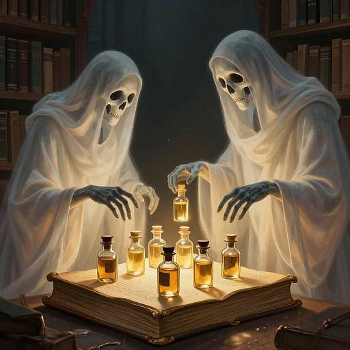 Digital artwork of two ghostly figures with skeletal faces, draped in white shrouds, playing with glowing potion bottles on a illuminated book in a dark