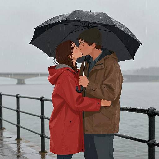 Romantic Rainy Kiss on a Pier