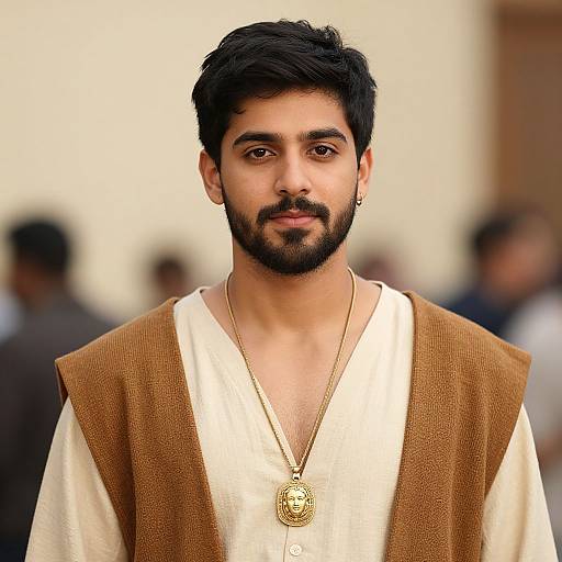 Photograph of a young South Asian man with dark hair, beard, wearing a white kurta, brown vest, and gold pendant, standing against a