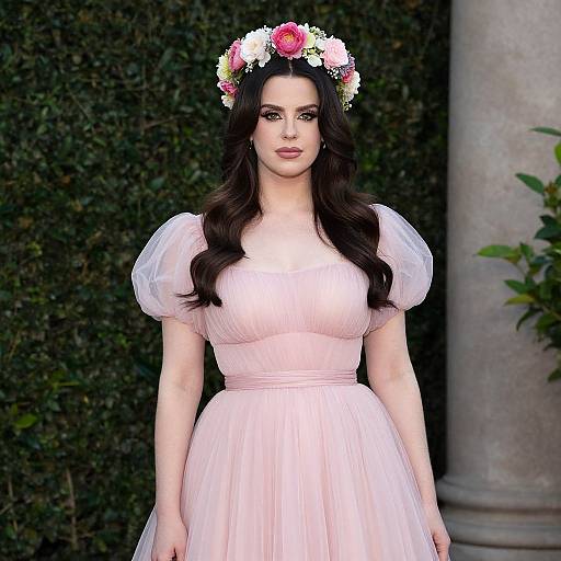 Photograph of a fair-skinned woman with long, dark wavy hair, wearing a pink, puffed-sleeve dress, and a floral