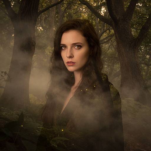 Photograph-style digital artwork of a pale-skinned woman with dark wavy hair, intense gaze, and misty forest background, surrounded by trees and