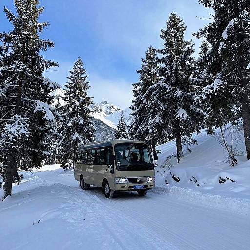 Minibus in Snowy Mountain Landscape