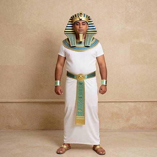 Photograph of a man in an Egyptian Pharaoh costume: white dress, striped headdress, blue and gold collar, green belt, gold sandals,