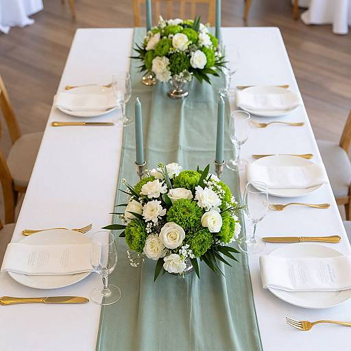 Elegant table setting with white plates, gold utensils, green and white floral centerpieces, green runner, and two teal candles. Photograph.